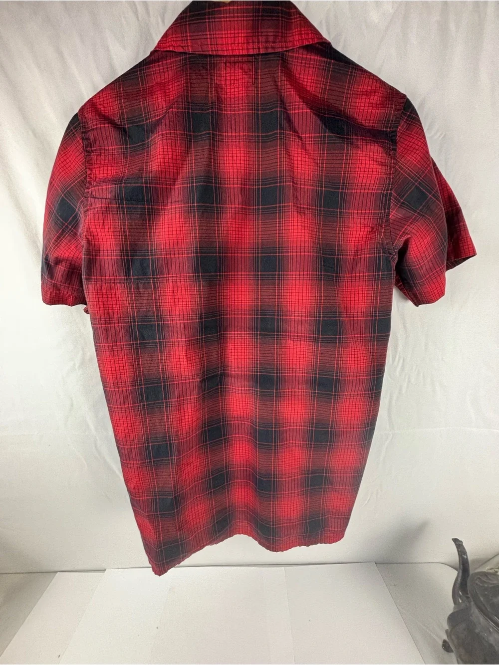 Vintage Obey Men’s Red and Black Short Sleeve Plaid Button-Up Shirt